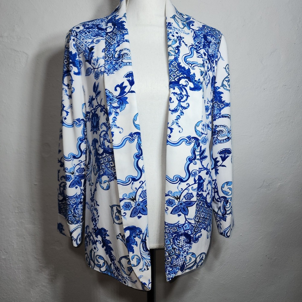 Elementz Blazer Jacket Large Blue White Porcelain Toile Floral Open Front Career